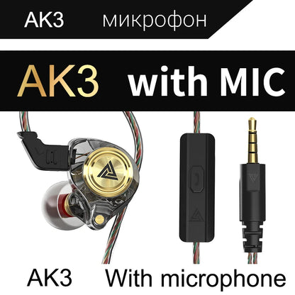 QKZ AK3 File Wired Earphone with Microphone Hifi Music Monitor Bass Headphones Noise Cancelling Headset for Sport Gaming Earbuds