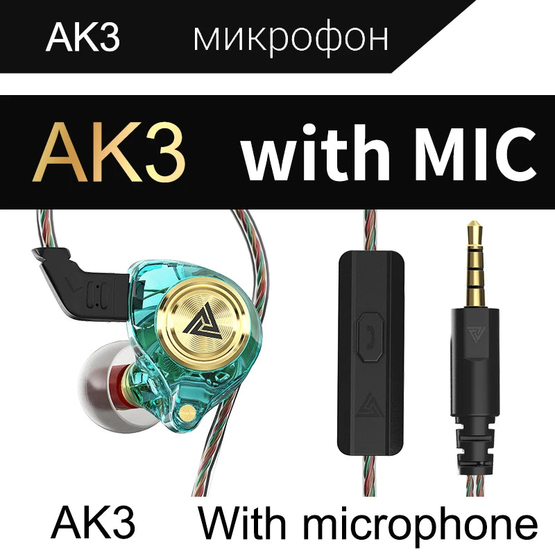 QKZ AK3 File Wired Earphone with Microphone Hifi Music Monitor Bass Headphones Noise Cancelling Headset for Sport Gaming Earbuds