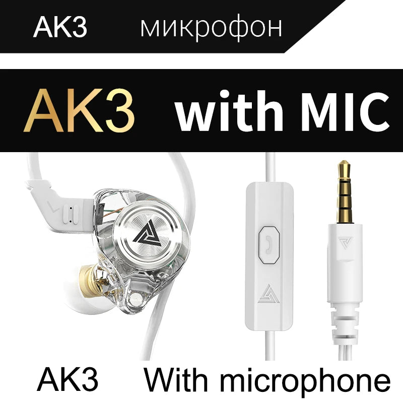 QKZ AK3 File Wired Earphone with Microphone Hifi Music Monitor Bass Headphones Noise Cancelling Headset for Sport Gaming Earbuds