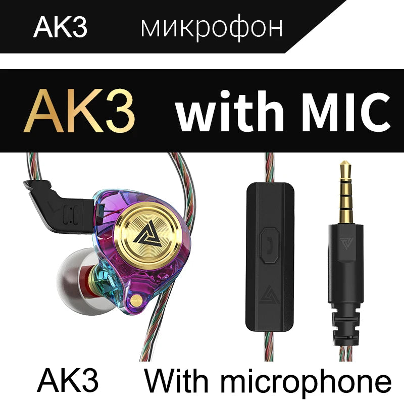 QKZ AK3 File Wired Earphone with Microphone Hifi Music Monitor Bass Headphones Noise Cancelling Headset for Sport Gaming Earbuds